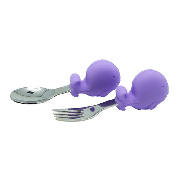 Marcus Marcus Willo Purple Whale Palm Grasp Spoon and Fork Set an eye catching design and color improves self-feeding.