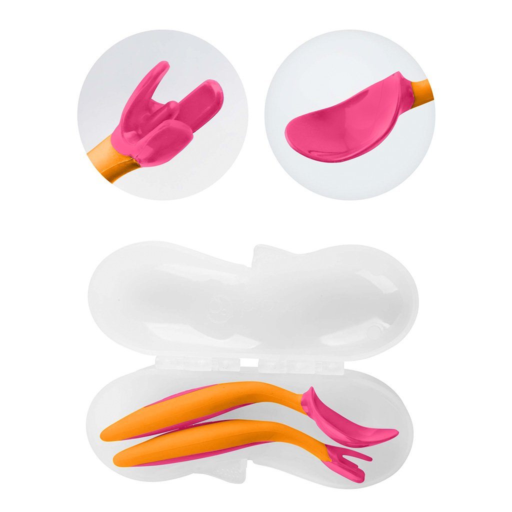 B.Box Strawberry Shake Toddler Cutlery Set unique patented fork designed to fit the size and shape of little mouths.
