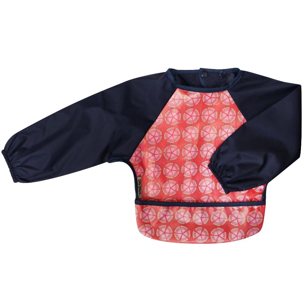 Silly Billyz Navy-Watermelon Long Sleeved Bibs with clever food catching pocket and easy to wash.