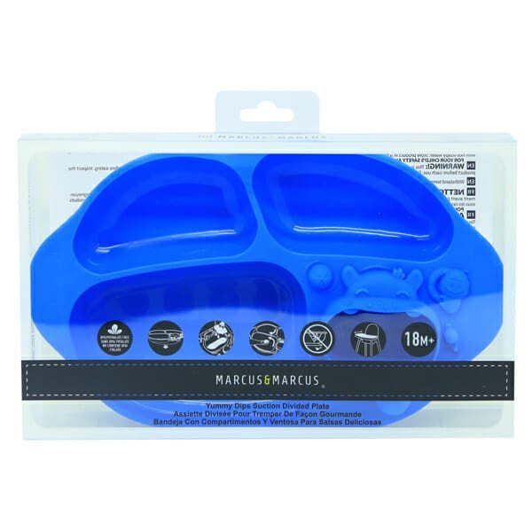 Marcus Marcus LUCAS Blue Hippo Yummy Dips Suction Divided Plate with two easy-grip handles and unbreakable.