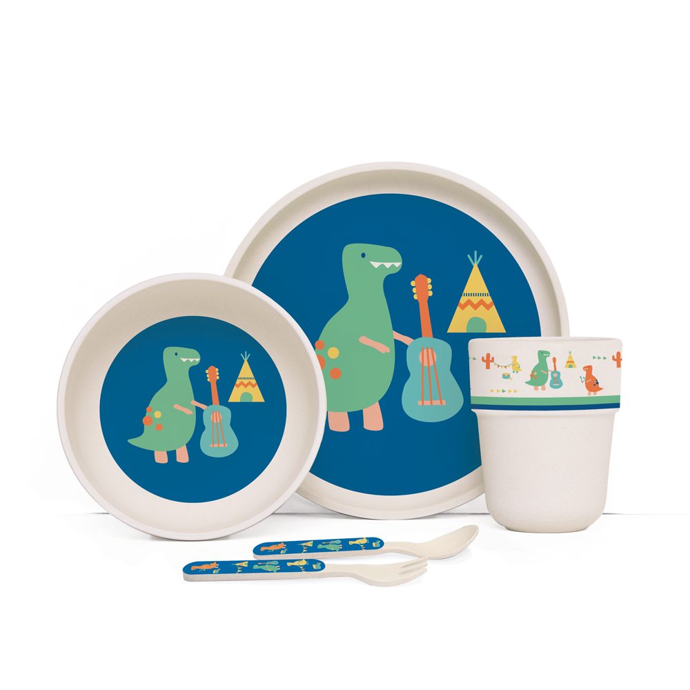 Penny Scallan Dino Rock Bamboo Meal Set with Cutlery super cute dino designs and grea colour combination.